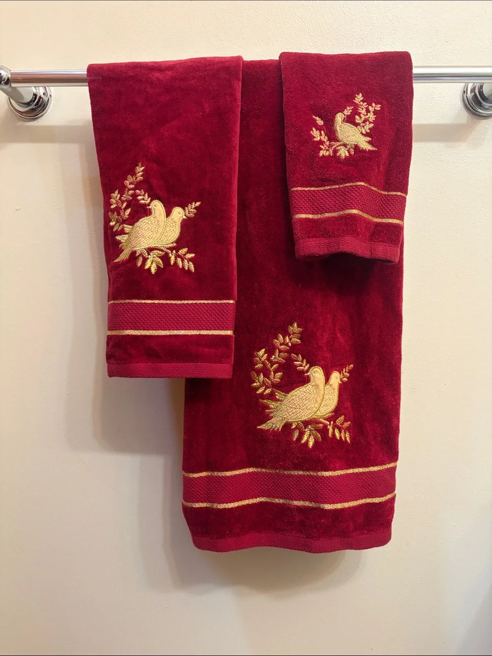 Red Towels with Gold Dove Embroidery - Elegant Bathroom Set